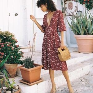Faithfull The Brand Betina Midi Dress Women’s‎ 6 Floral Puff Sleeve Burgundy